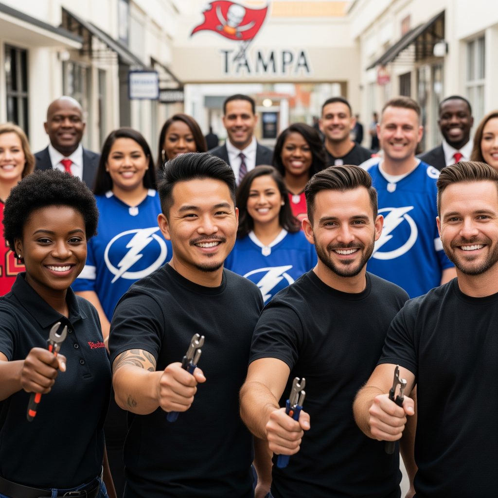 Locksmiths standing with Tampa business owners and customers