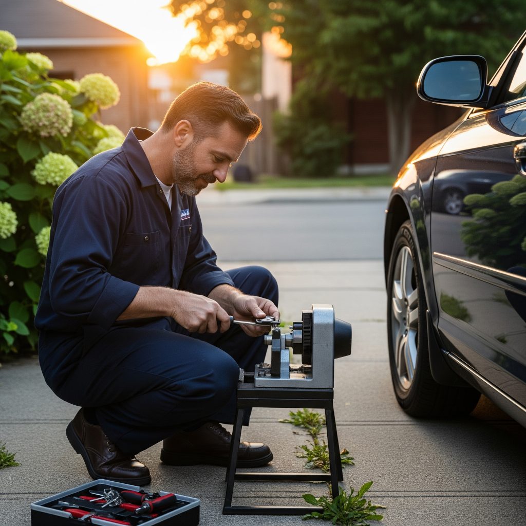 Mobile locksmith cutting car key in Sunset Park Tampa ZIP 33629