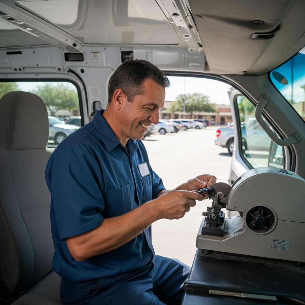 Automotive locksmith cutting car key in East Tampa 33605