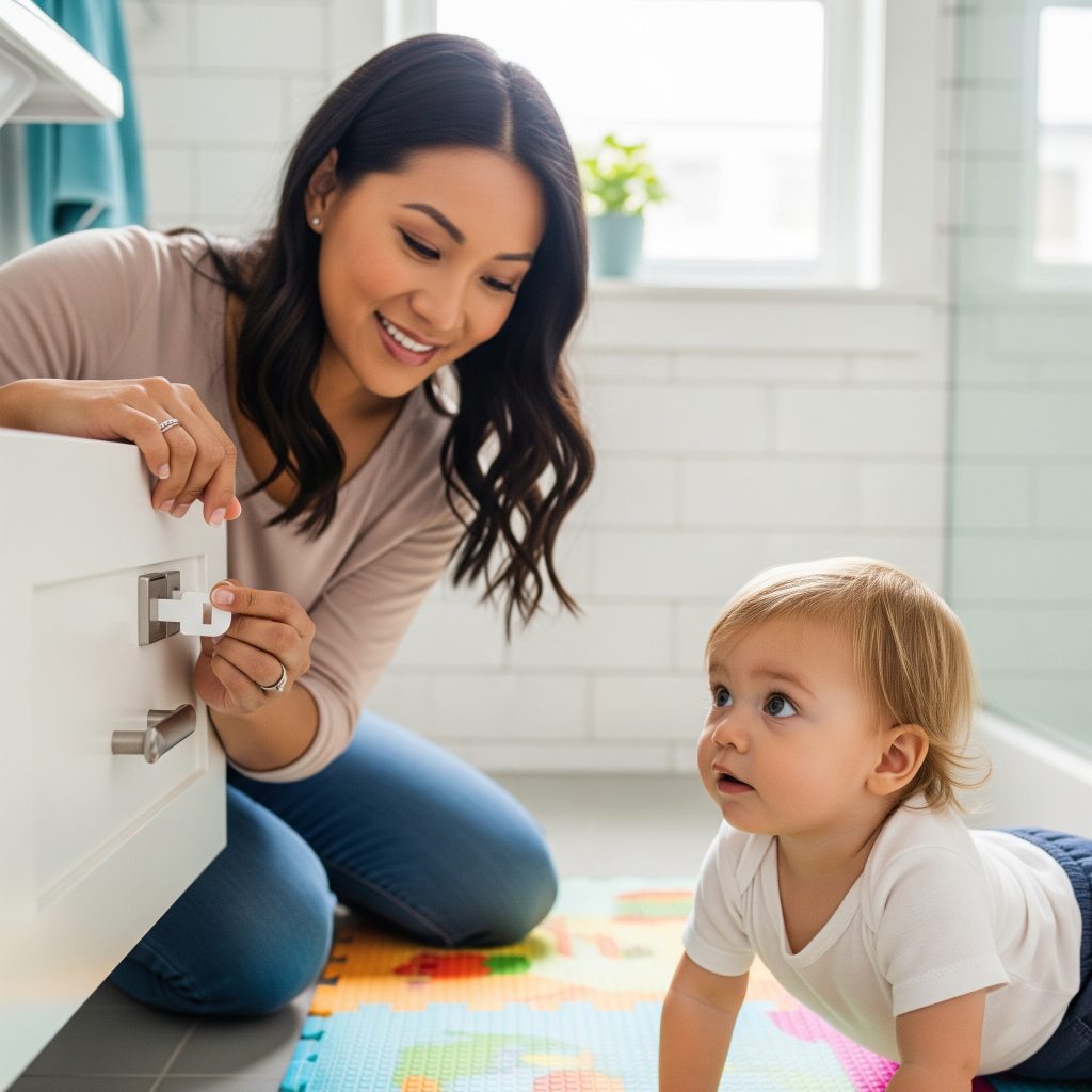 Parent testing baby safety lock on bathroom drawer in Davis Islands home ZIP 33606
