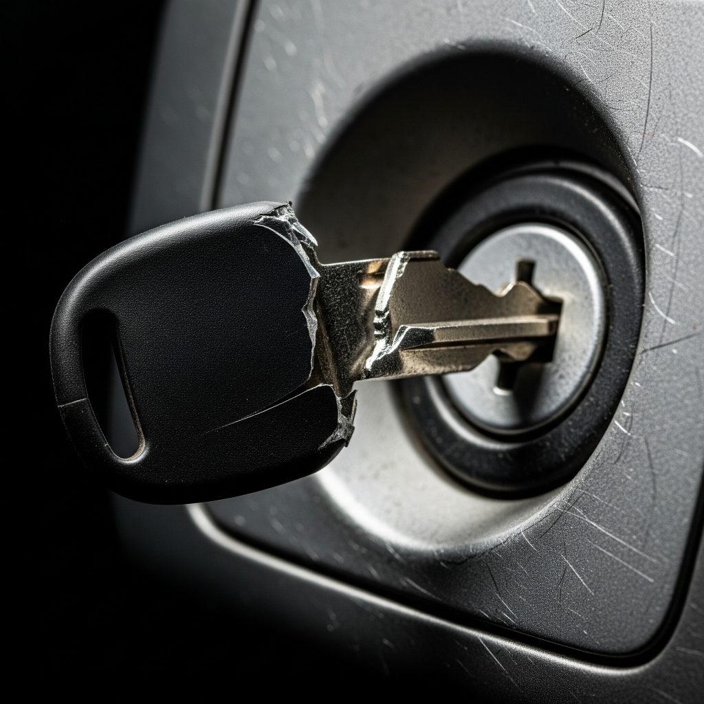 Broken car key stuck in ignition before locksmith extraction in 33607