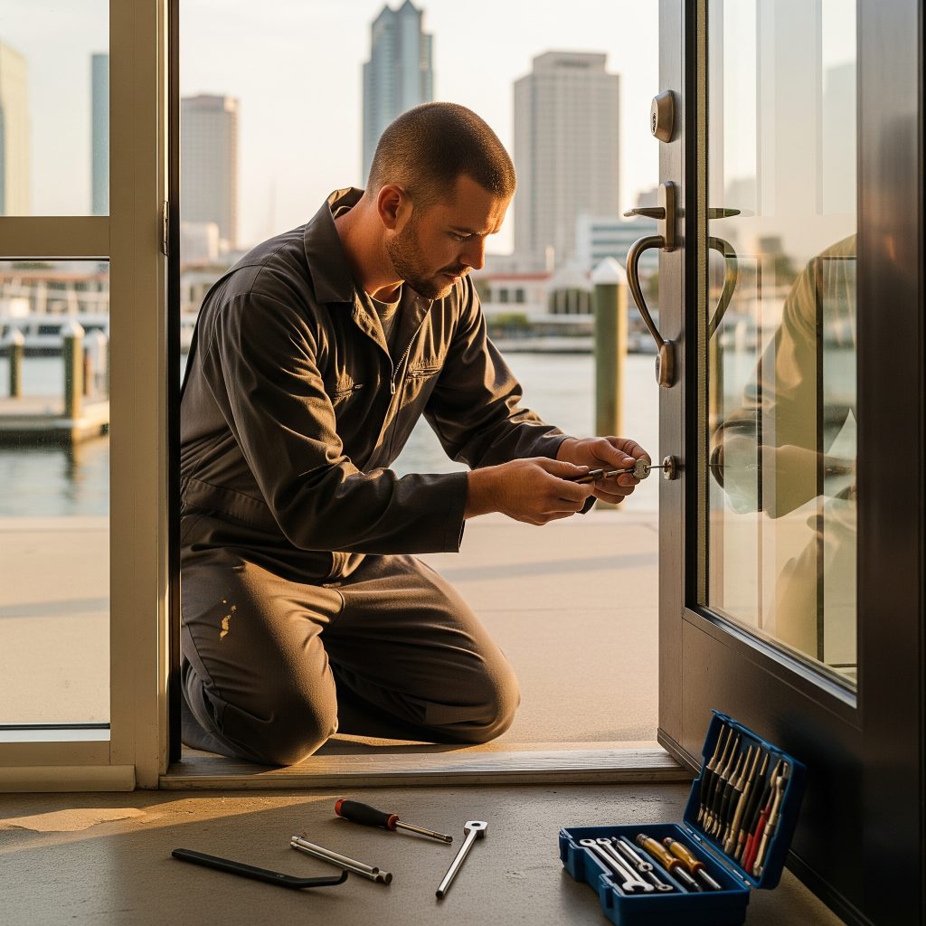 Locksmith extracting broken key from front door lock in Tampa