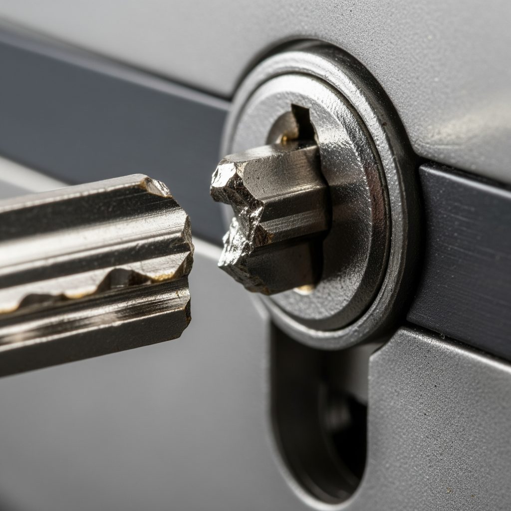 Close-up of a broken key stuck in door lock during emergency service call