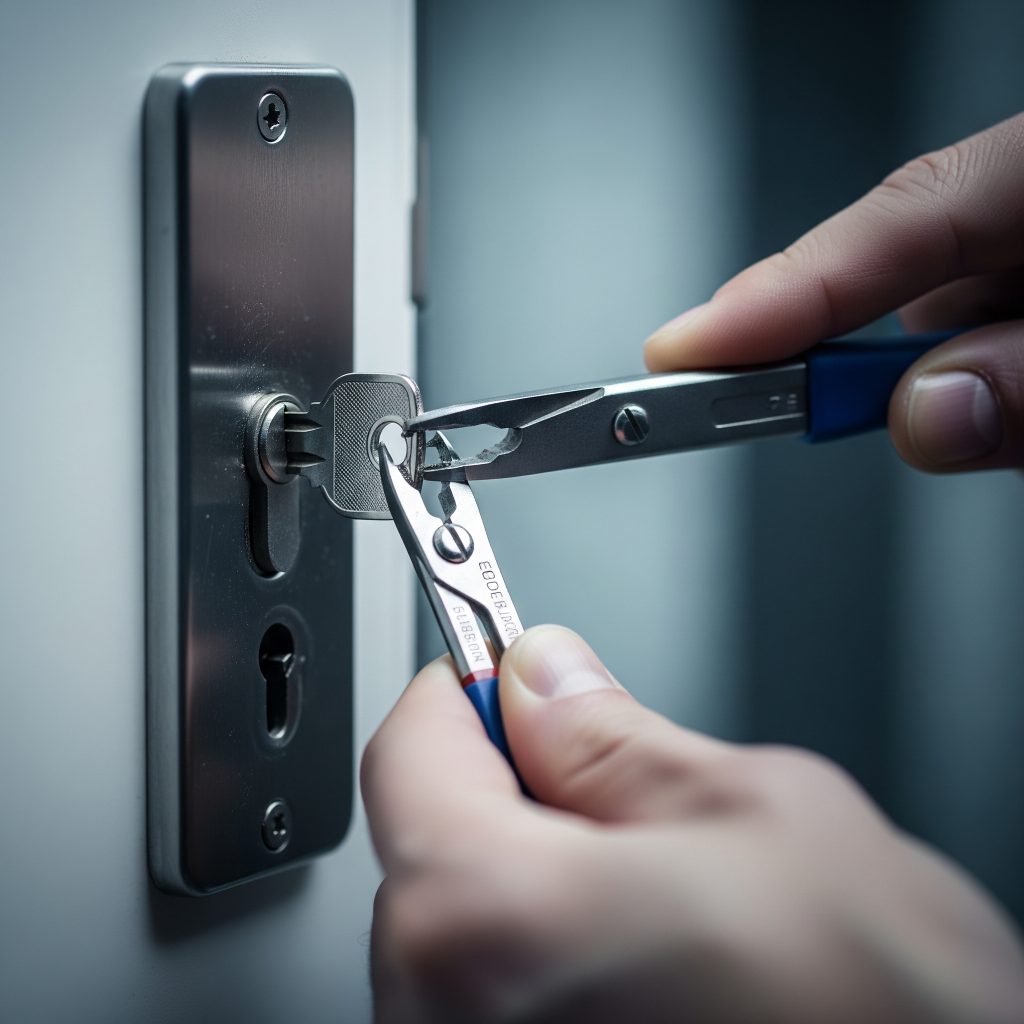 Close-up of urgent locksmith removing a broken key from door lock in Tampa