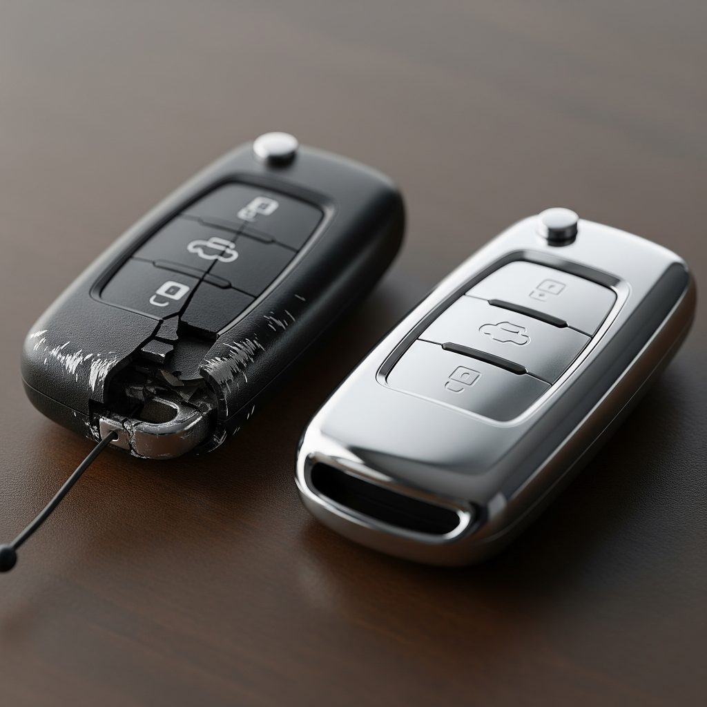 Broken key fob beside newly programmed replacement remote key
