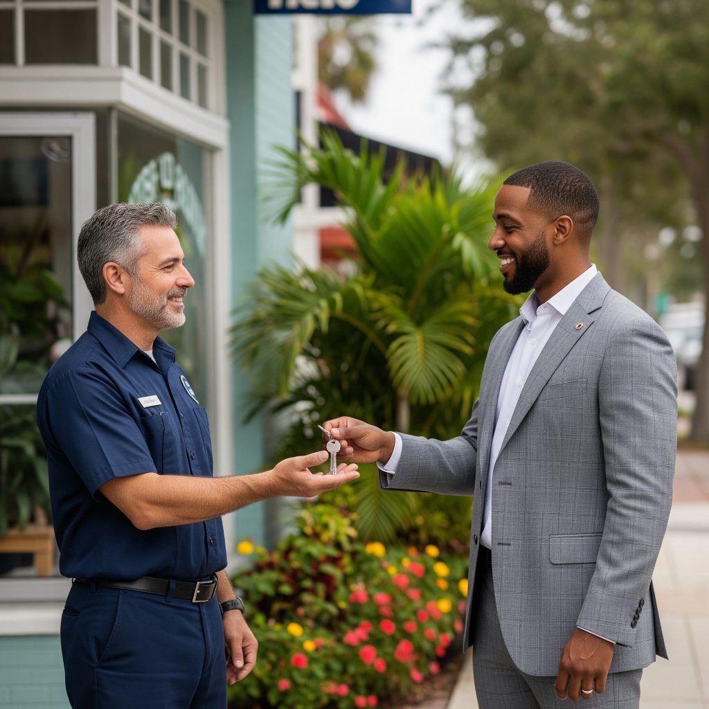 Locksmith providing business owner with new keys