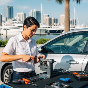 Mobile locksmith cutting new car key in Davis Islands, Tampa 33606