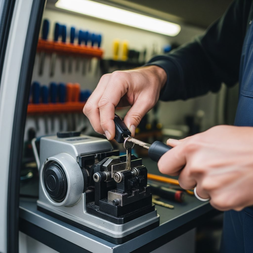 Close-up of locksmith cutting a new car key during 24/7 mobile service in Tampa