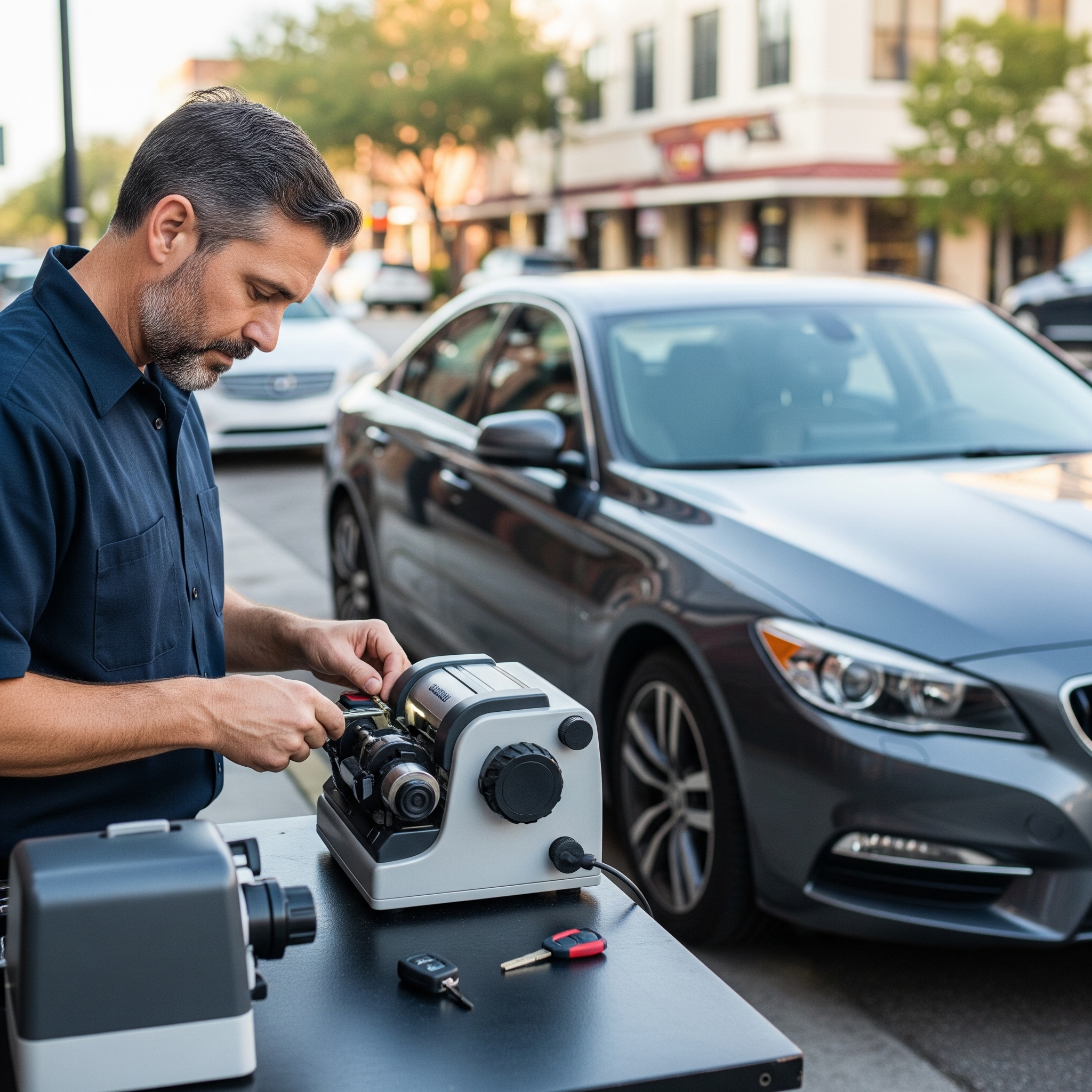 Automotive locksmith cutting car key in Ybor City ZIP 33605
