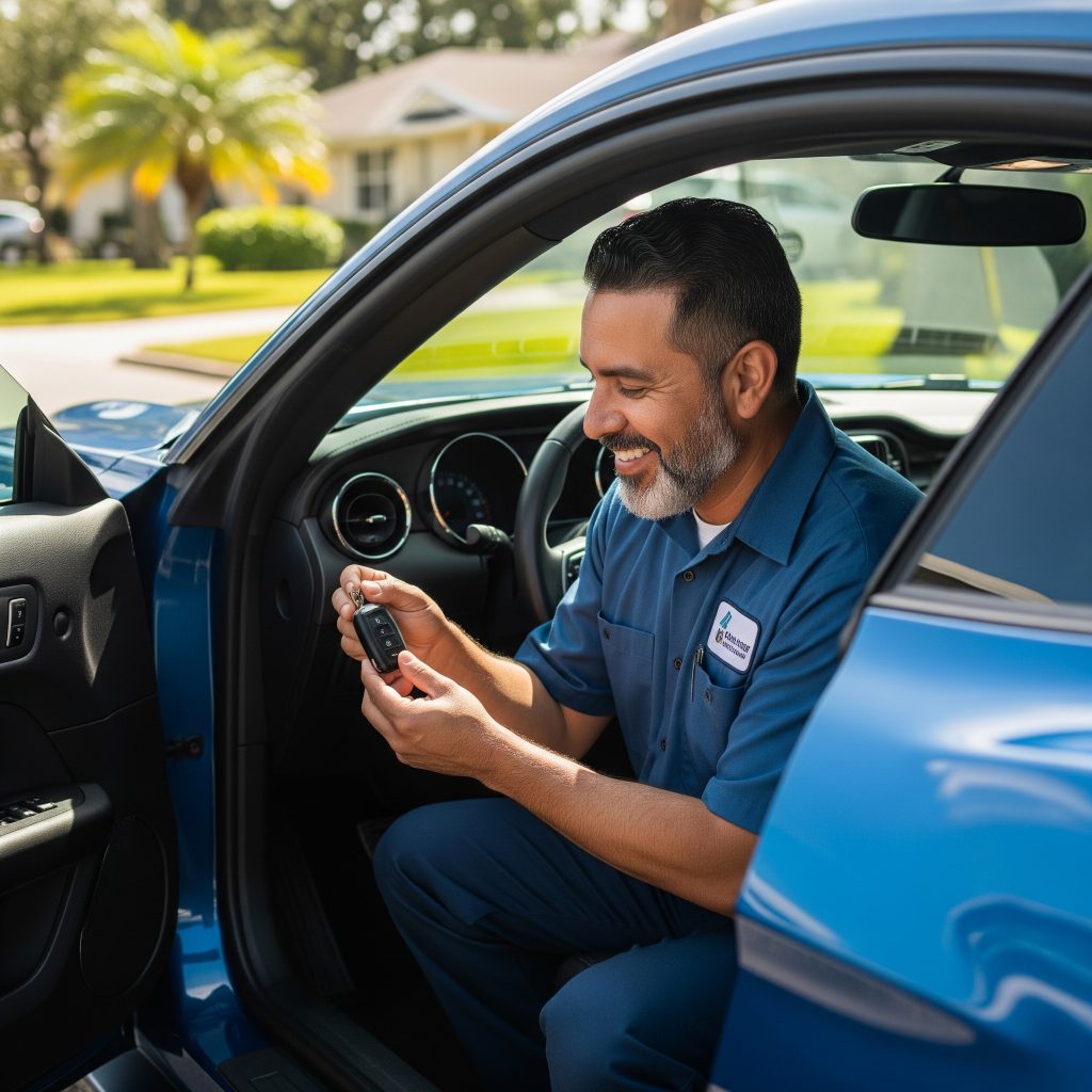 Locksmith programming car key fob inside vehicle in Tampa