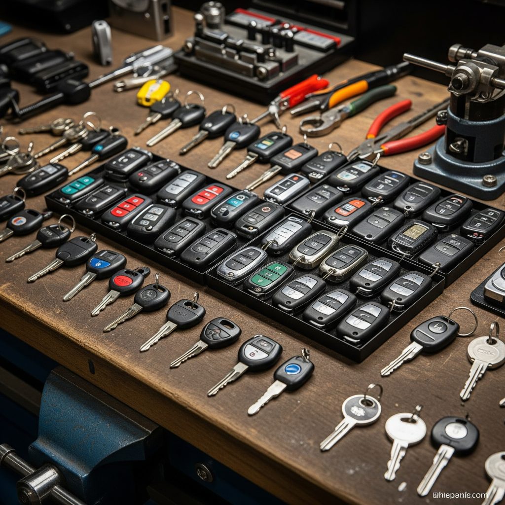 Variety of car keys and key fobs used in Midtown Tampa automotive locksmith services