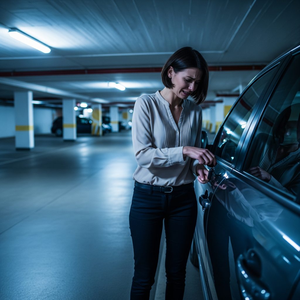 Locksmith helping a customer locked out of vehicle in Midtown Tampa garage