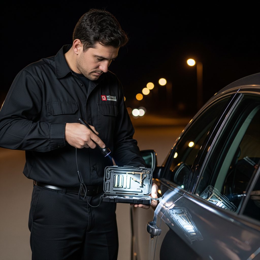 Locksmith unlocking car door during nighttime lockout in Midtown Tampa