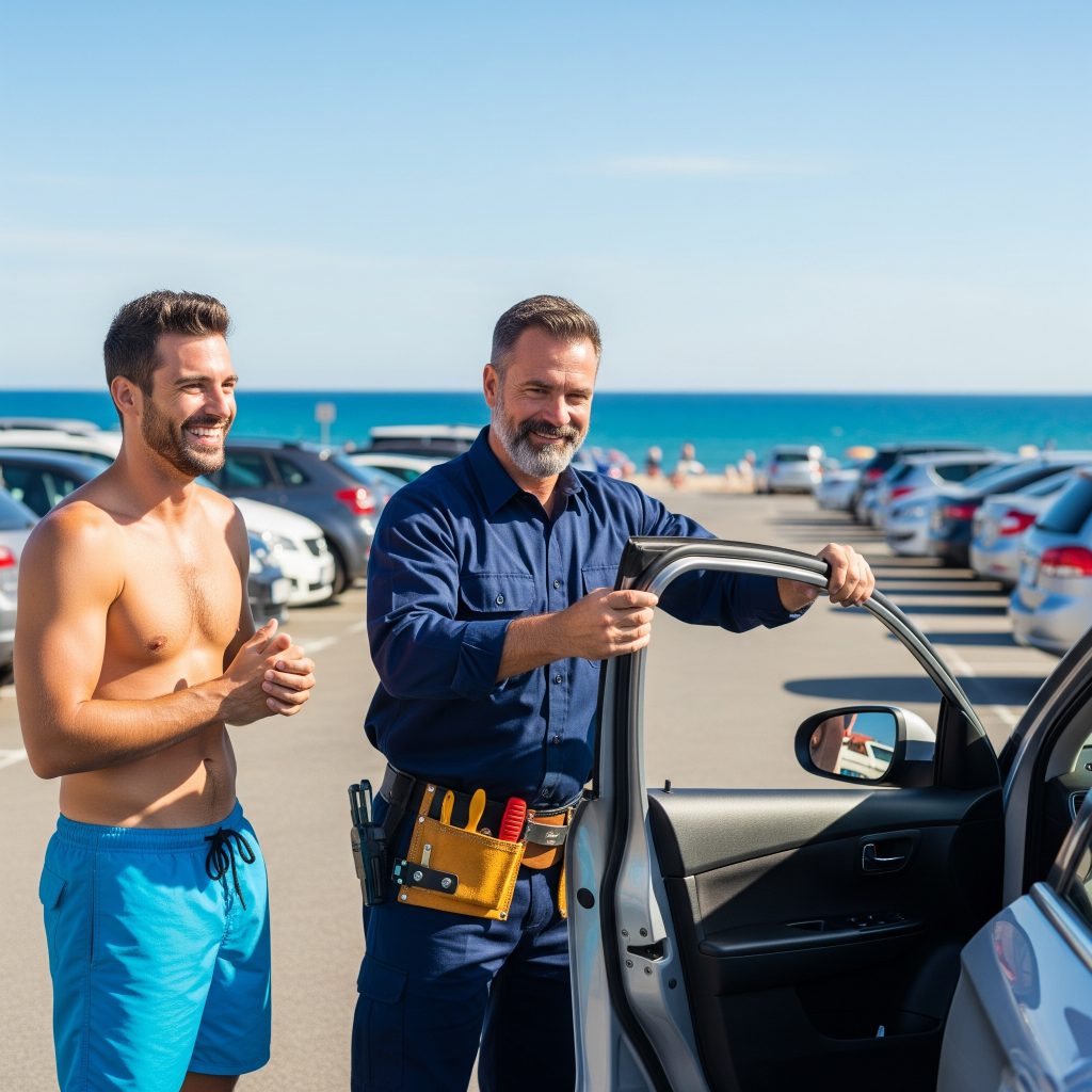Car locksmith unlocking vehicle in Tampa parking lot at the beach