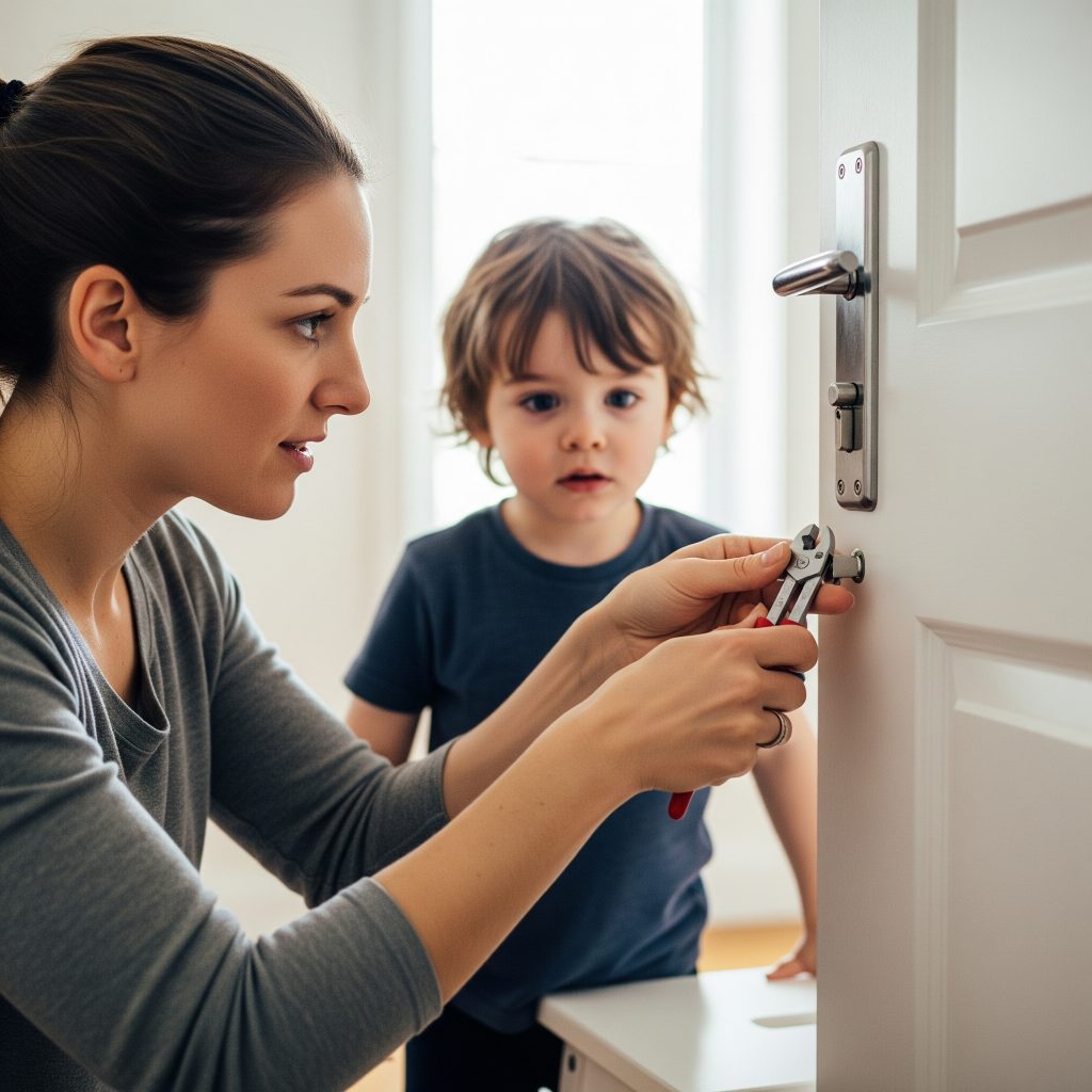 Parent installing childproof slide lock in Midtown Tampa home