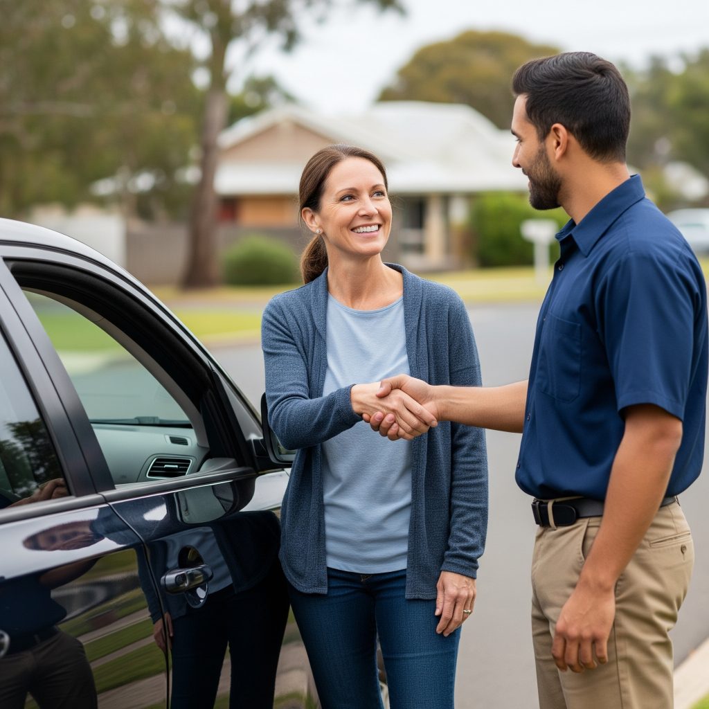 Happy customer shaking hands with locksmith after car lockout in Midtown Tampa