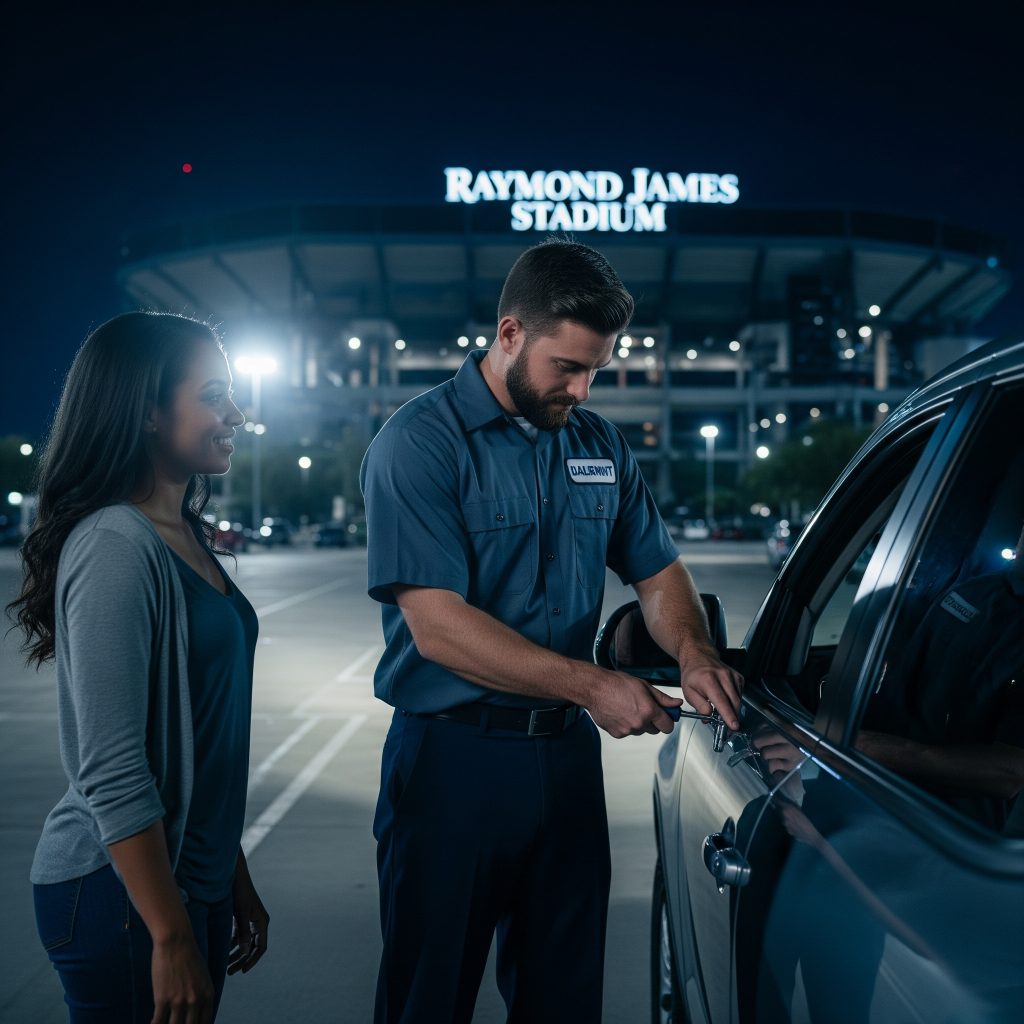 Locksmith unlocking car during a 24/7 emergency lockout in Tampa parking lot