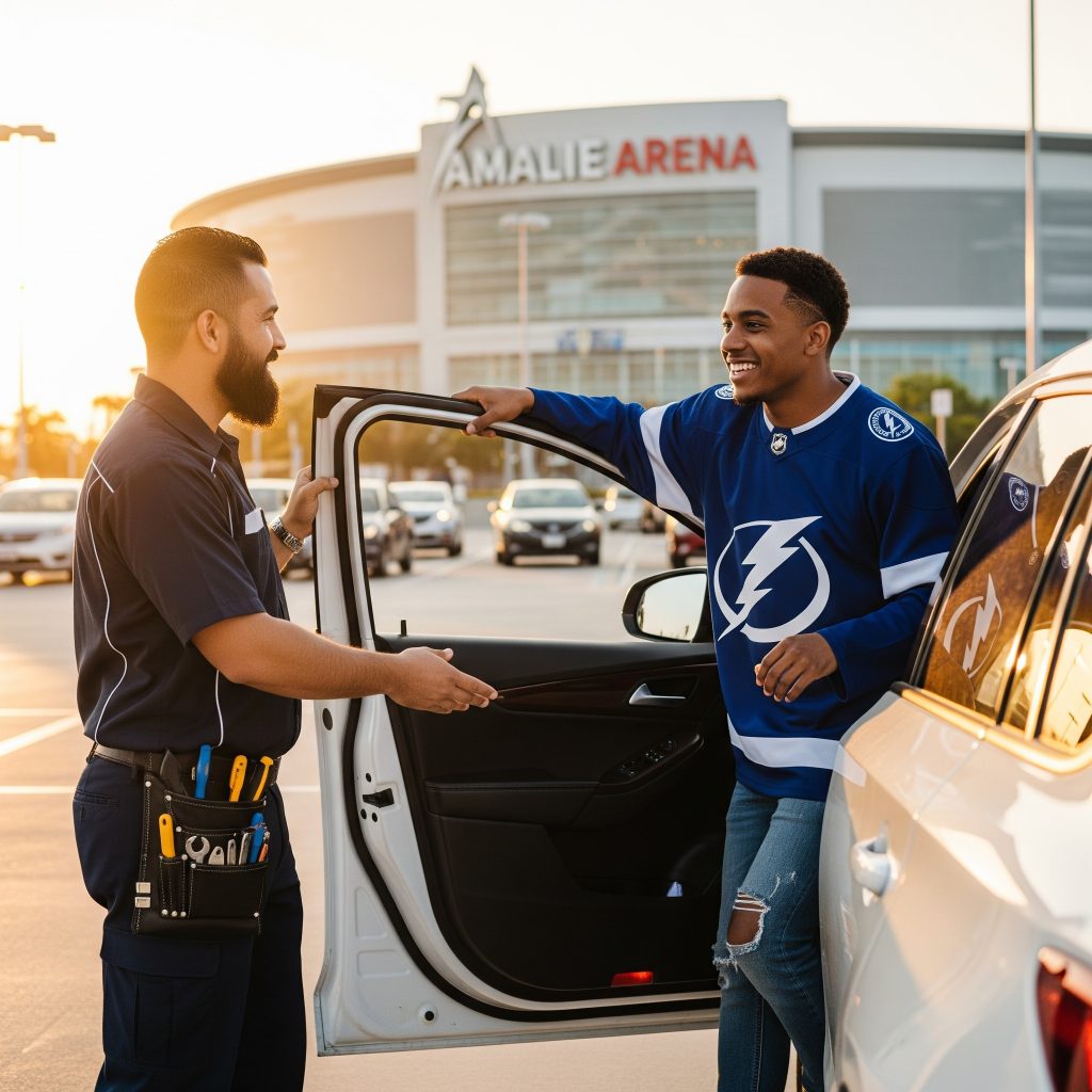 Locksmith unlocking car door during emergency in East Tampa 33605