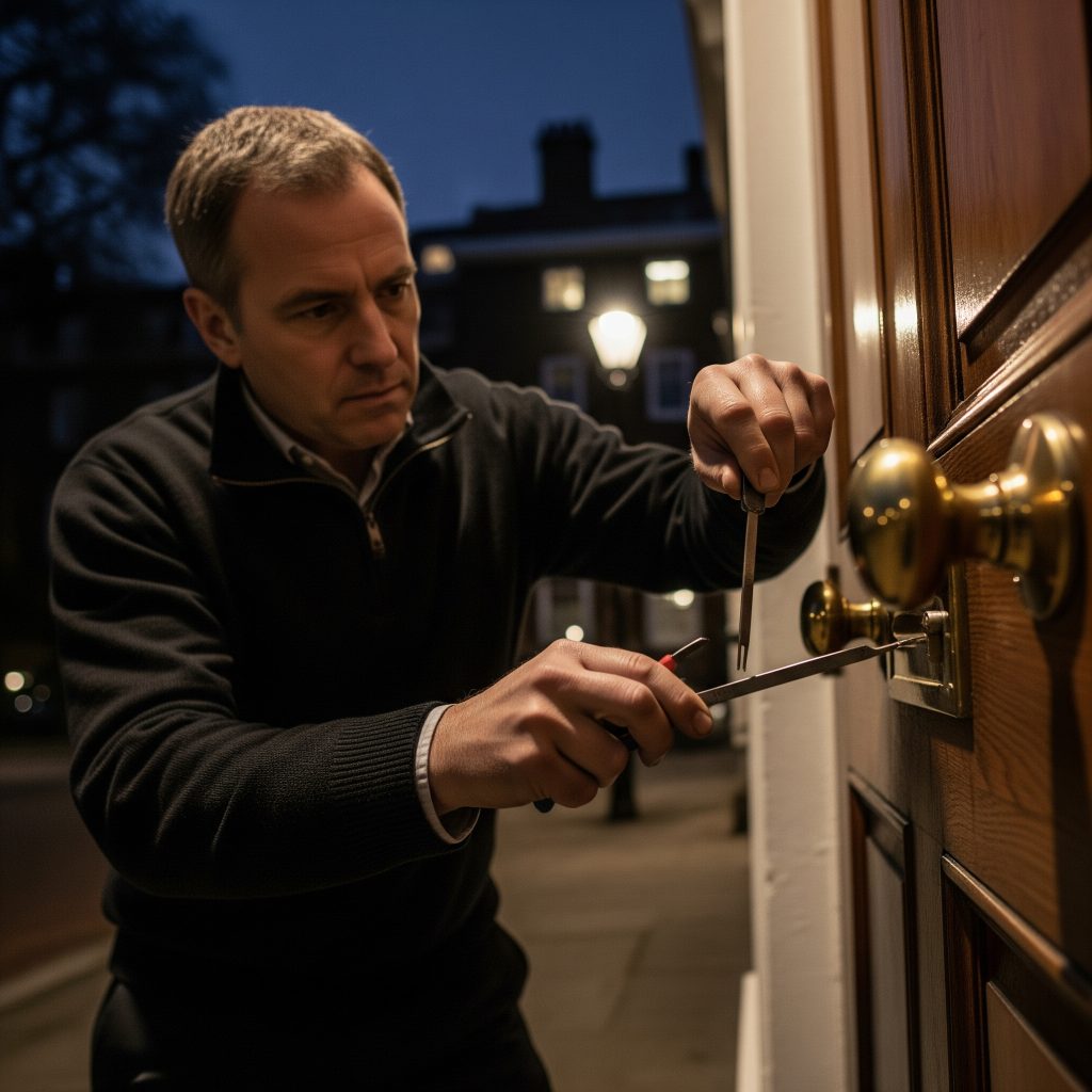 Emergency locksmith unlocking home in Hyde Park during nighttime lockout in ZIP 33606