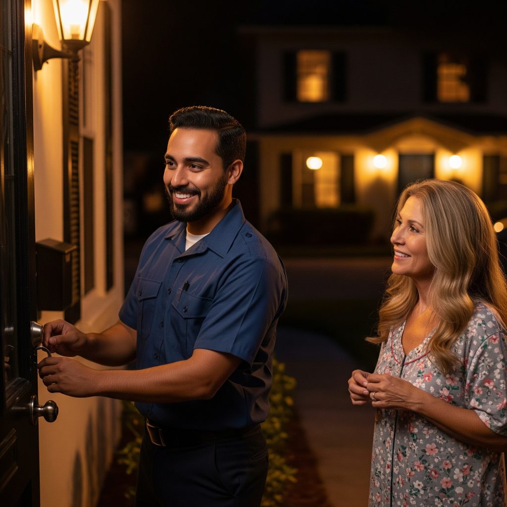 Locksmith unlocking front door during emergency house lockout in Tampa