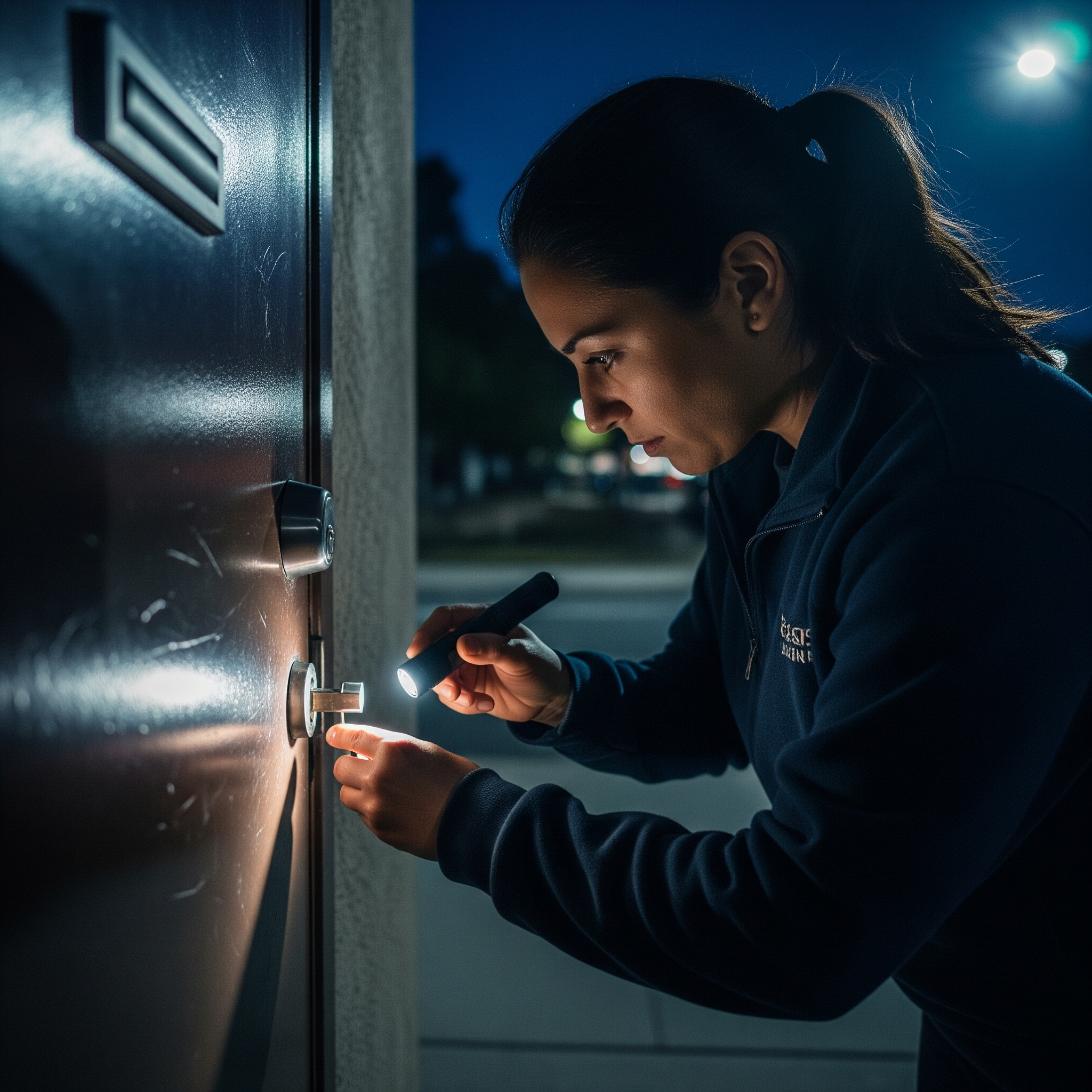 Emergency locksmith helping during late-night home lockout in East Tampa 33610