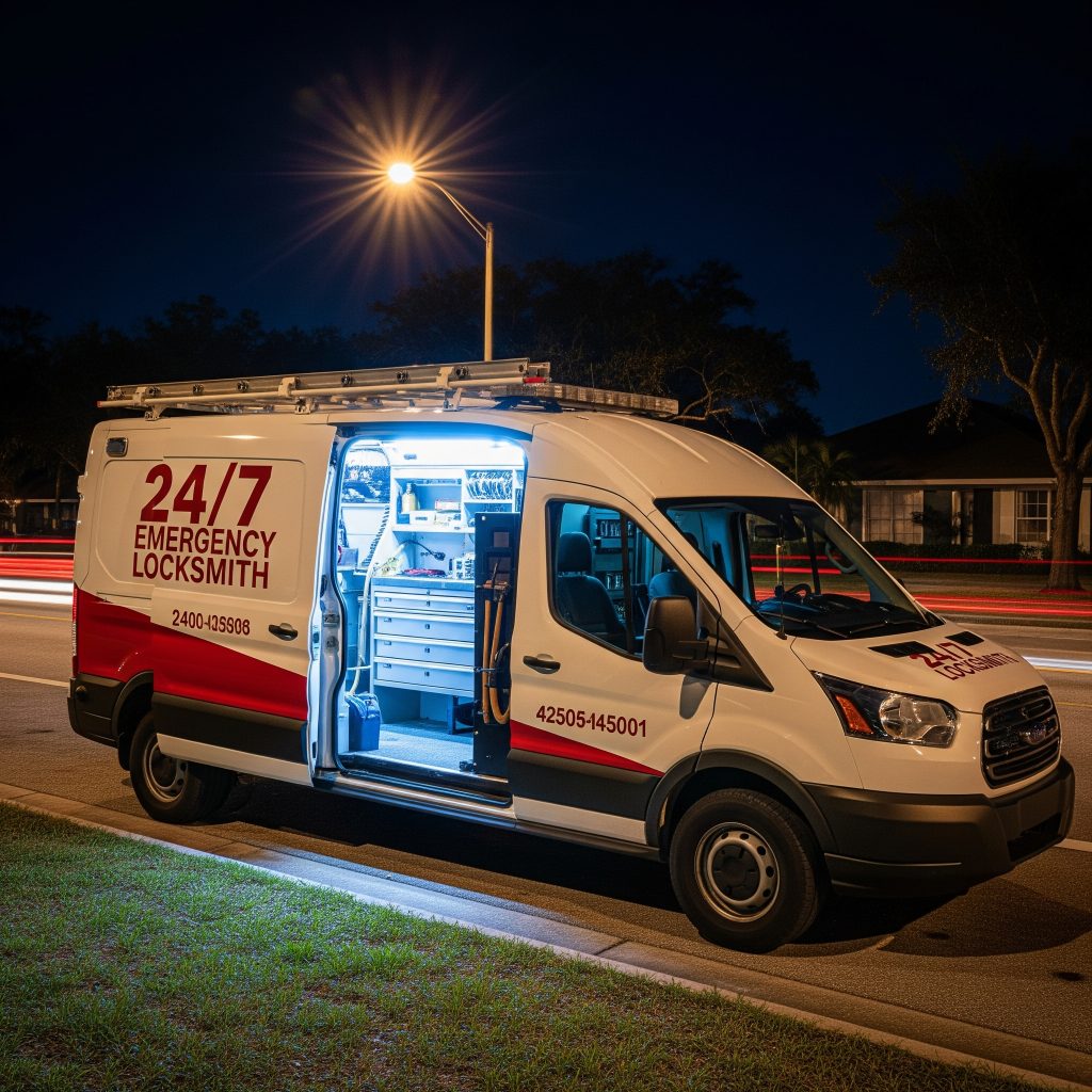 Locksmith van with hazard lights providing emergency service near Raymond James Stadium