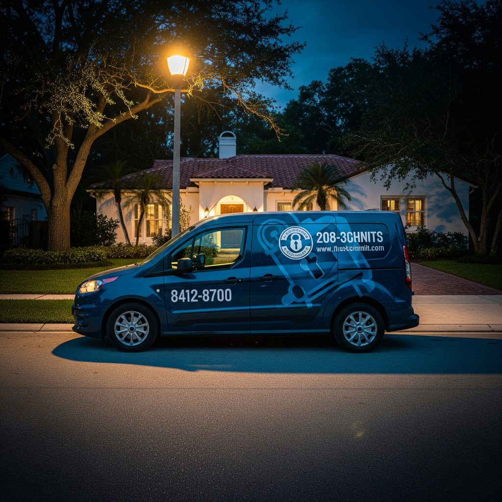 Mobile locksmith van near Davis Islands house at night