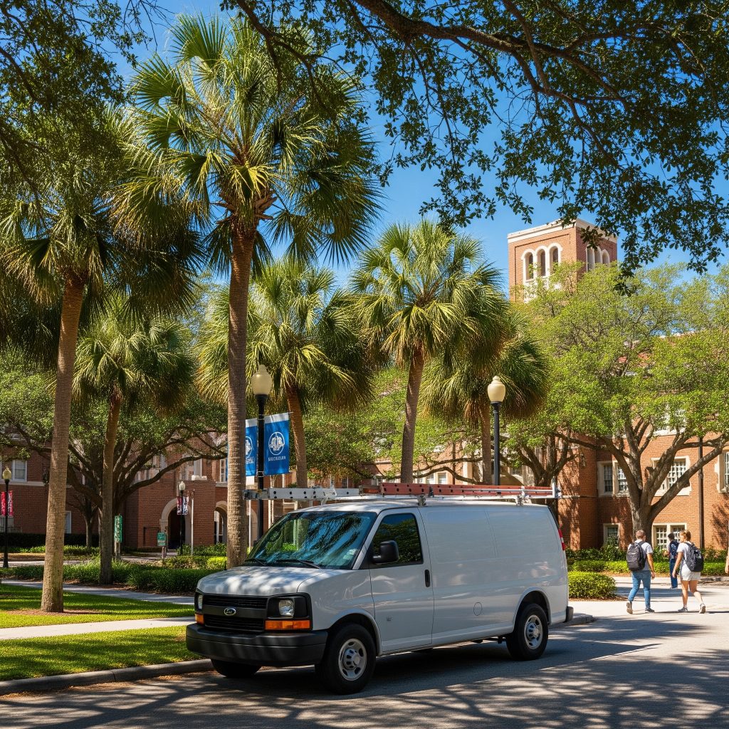 Emergency locksmith parked near University of Tampa responding to urgent lockout