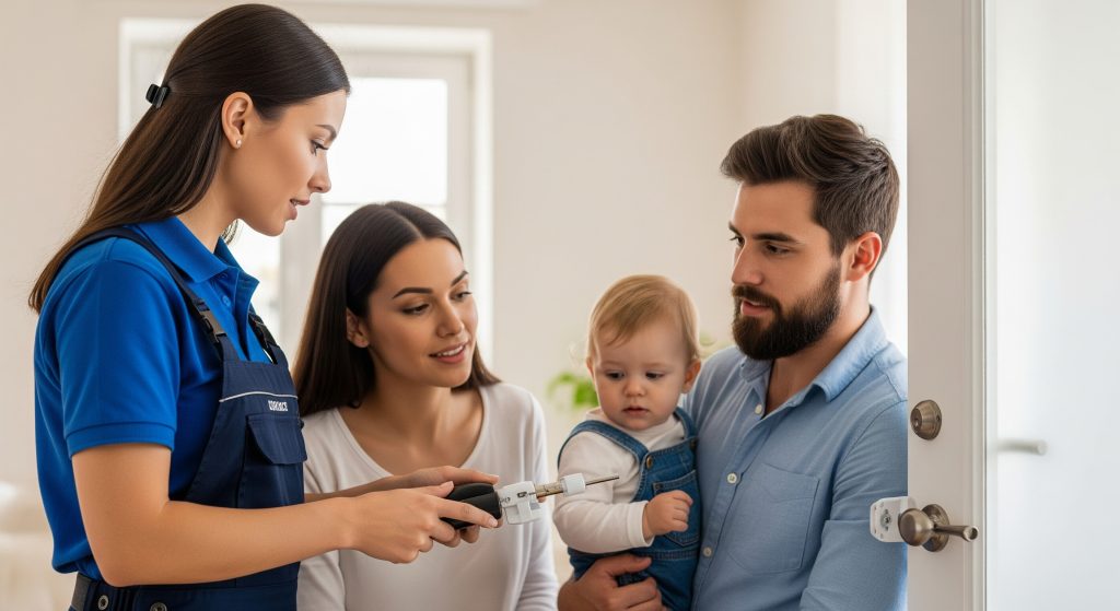 Midtown Tampa family receiving childproofing lock advice from local locksmith