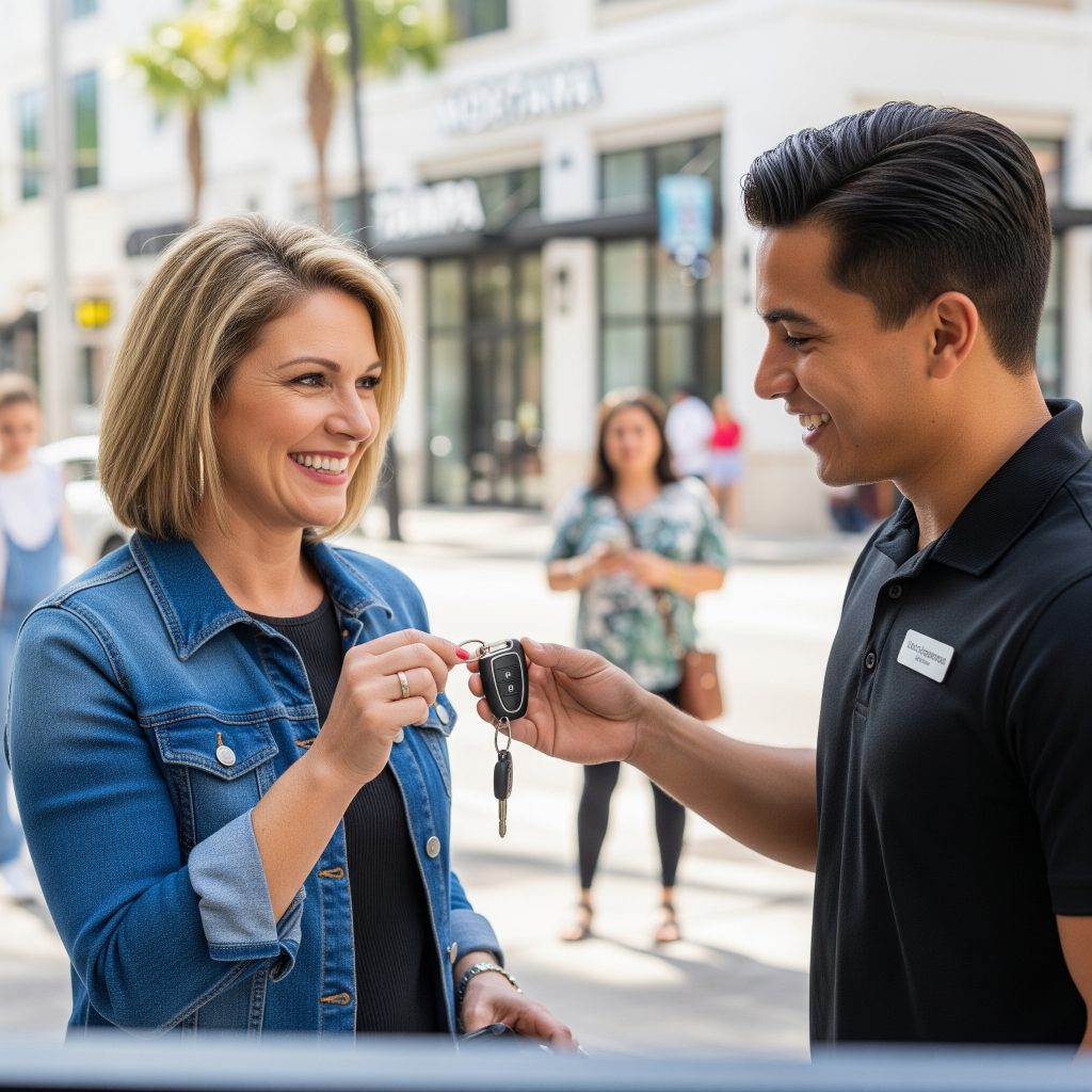 Midtown Tampa customer receiving new programmed key fob from locksmith