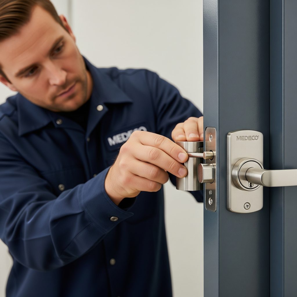 Locksmith installing a high security deadbolt for a business