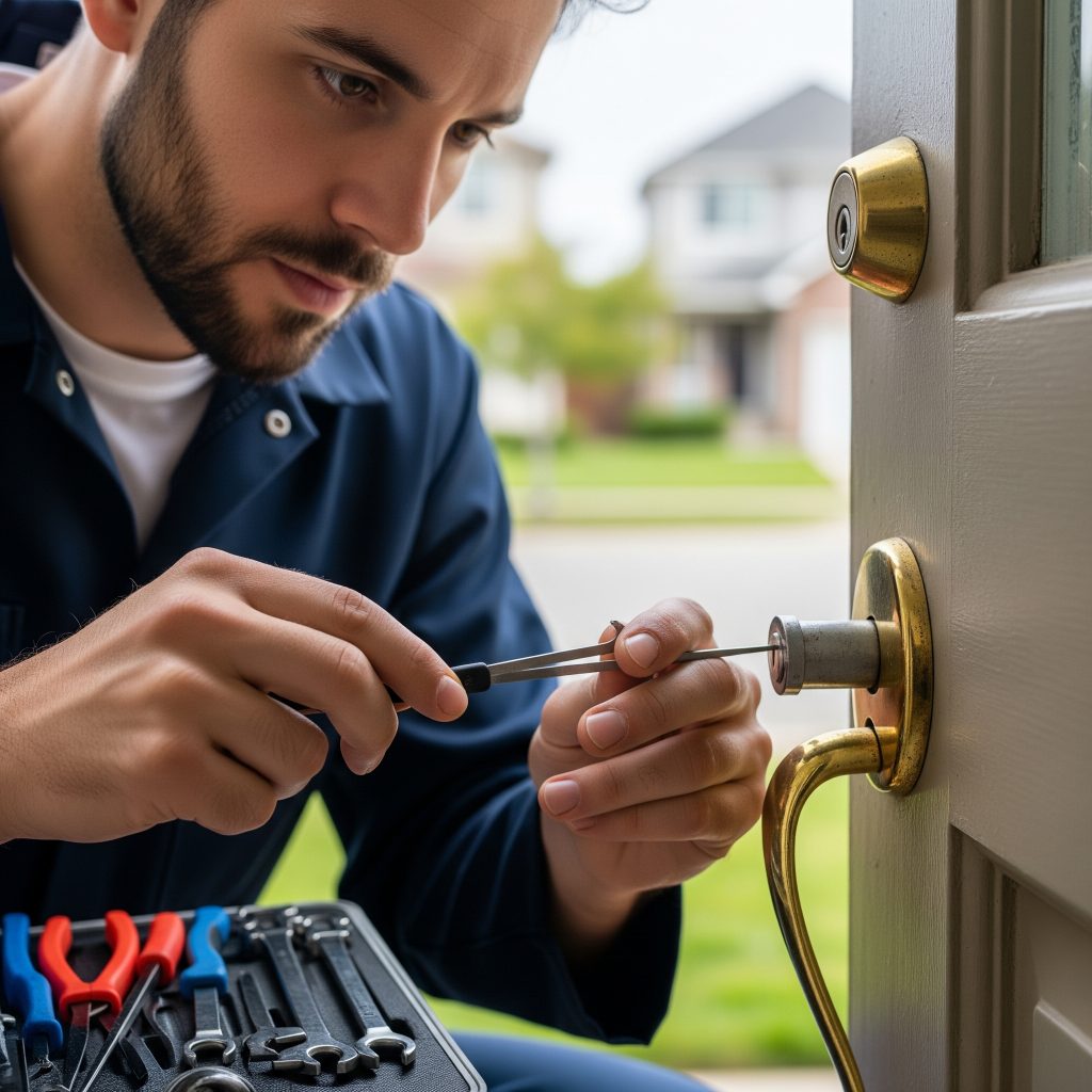 Emergency locksmith removing broken key from front door lock in 33606