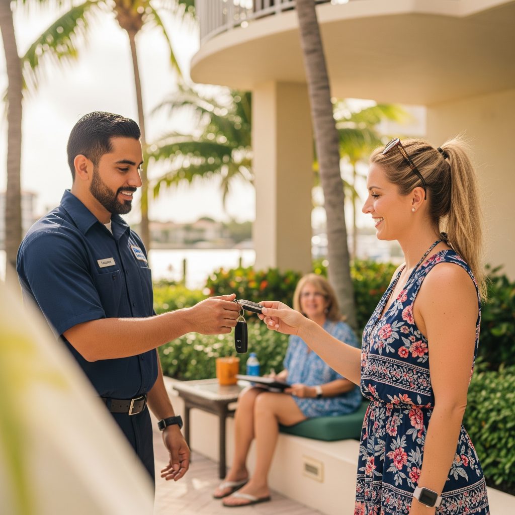 Locksmith handing over programmed car key fob in Bayshore Blvd condo Tampa 33606