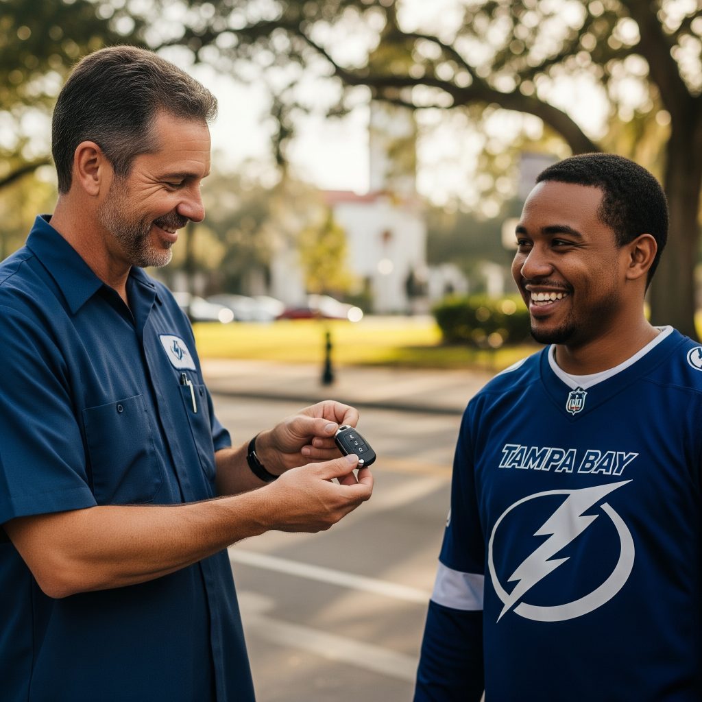 Customer receiving new programmed key fob in Hyde Park Tampa