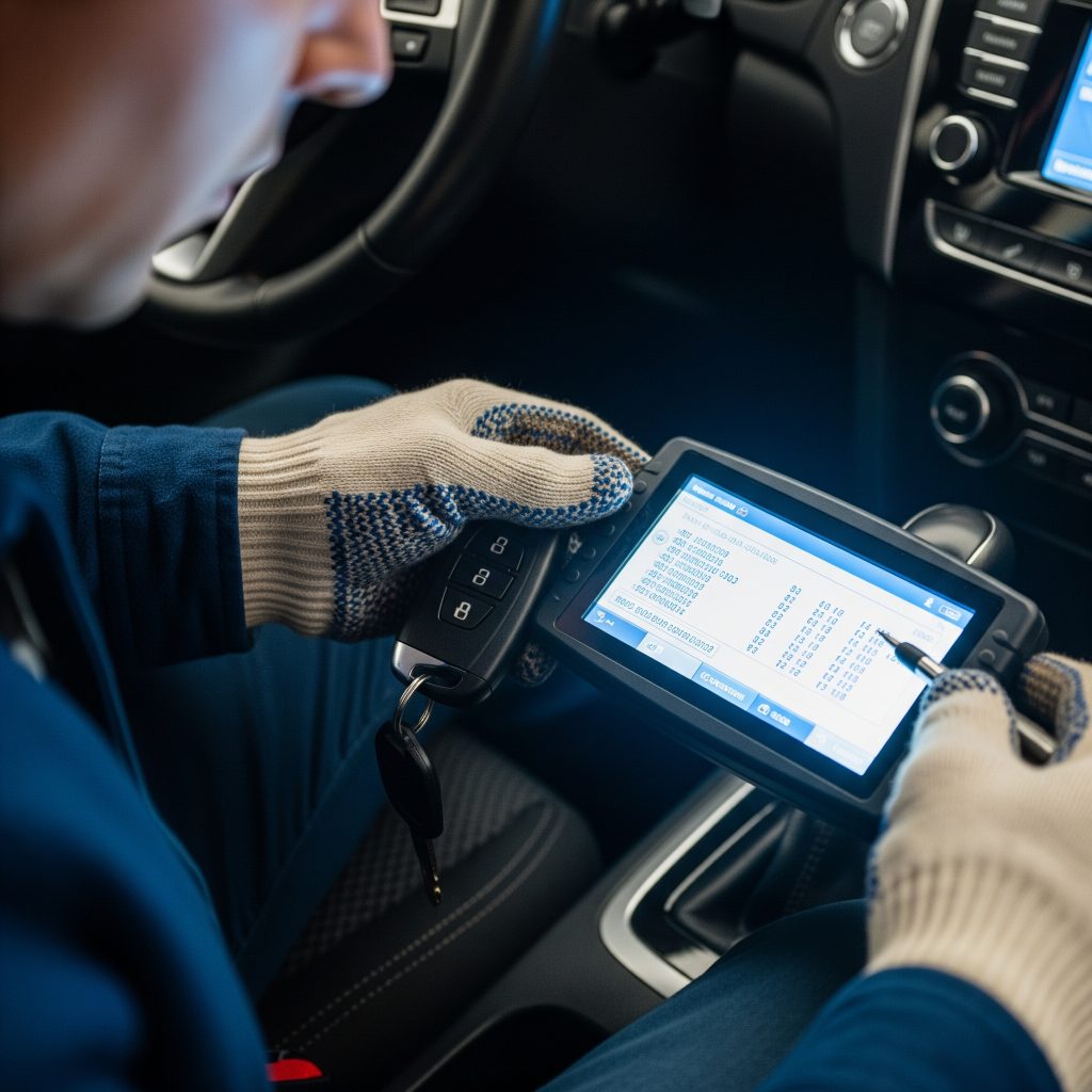 Close-up of key fob programming during on-site emergency locksmith service in Tampa