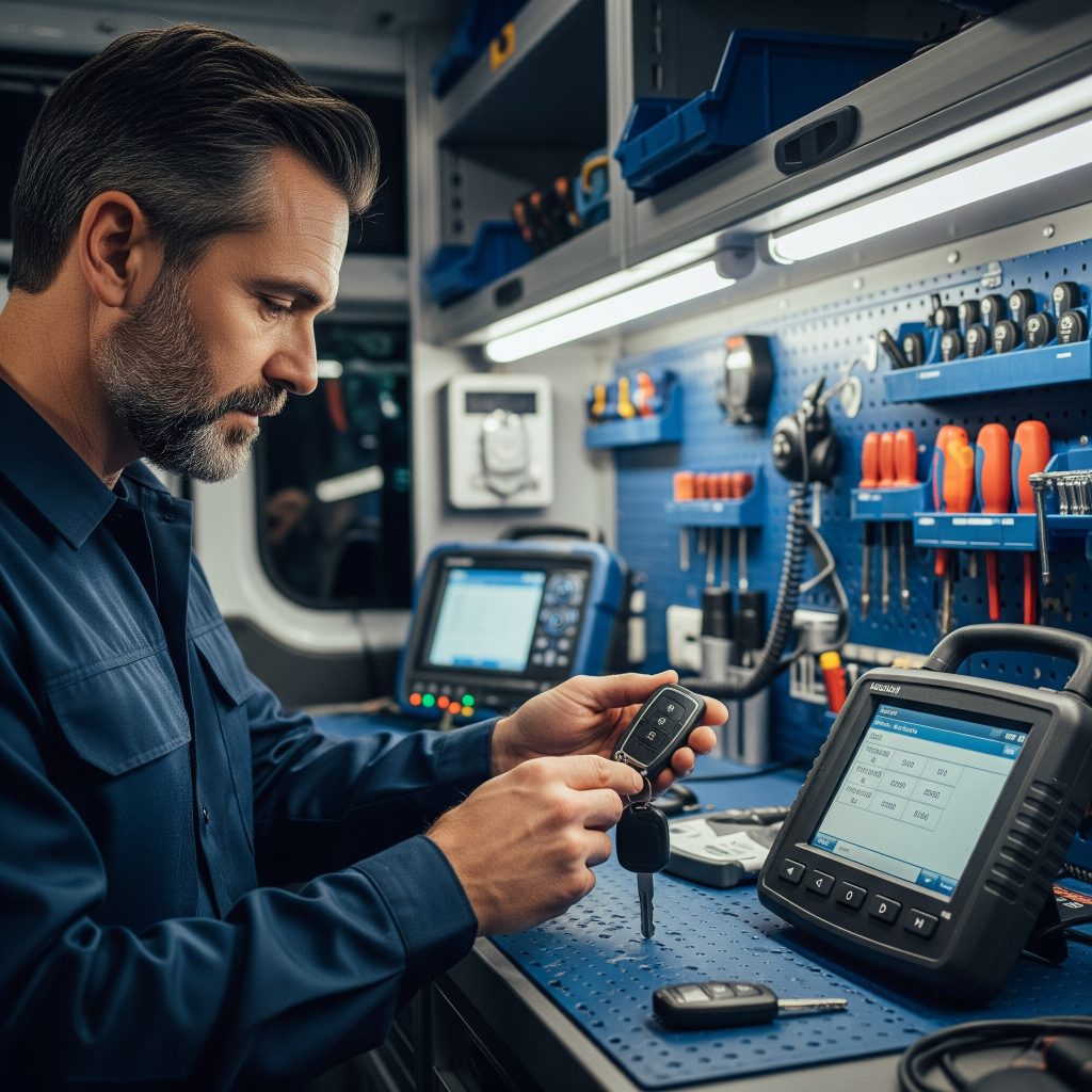 Locksmith programming a car key fob near International Plaza in 33607