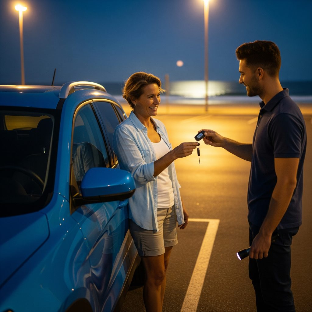 Locksmith handing customer a new key fob during on-site key replacement service in Tampa