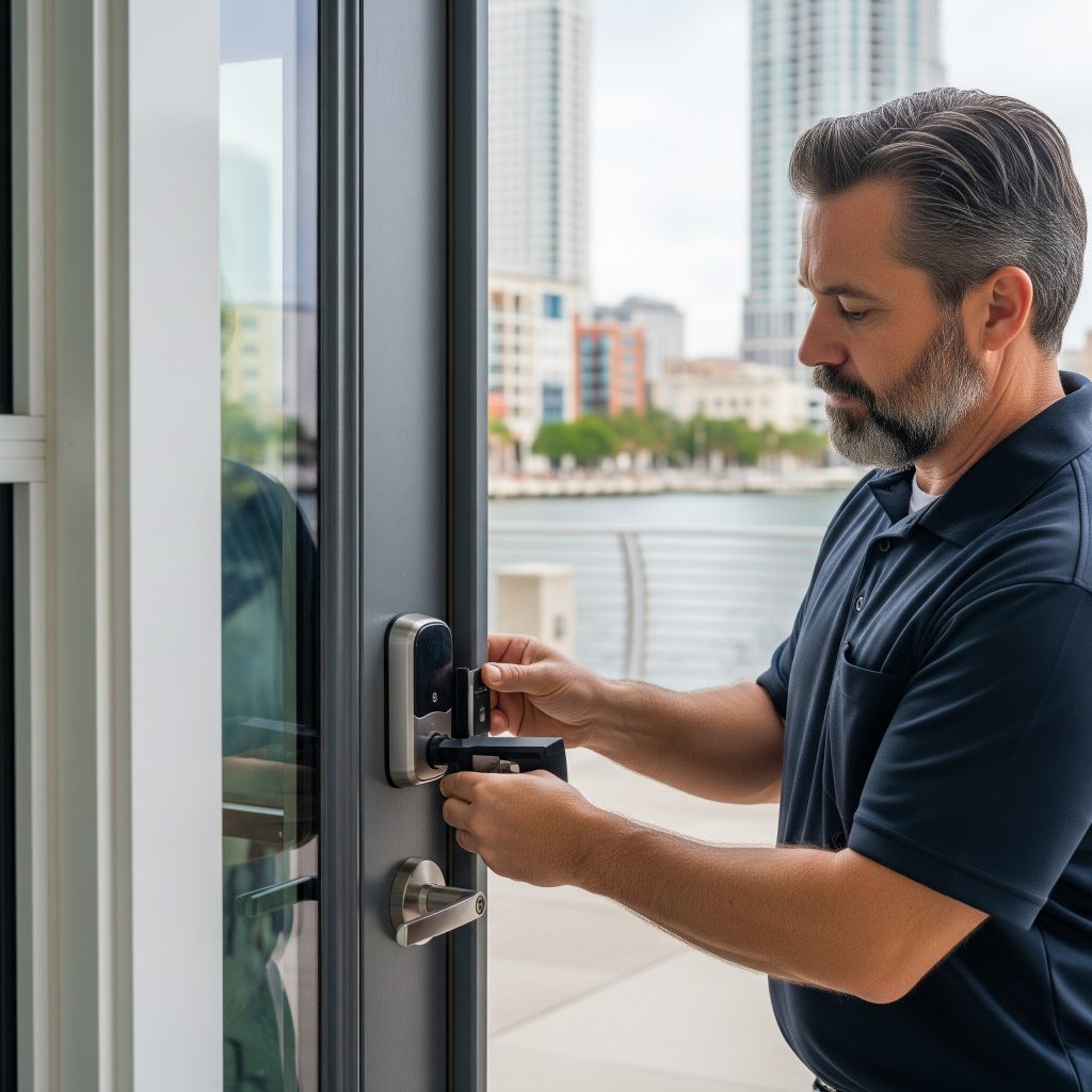 Locksmith rekeying front door commercial lock in Tampa