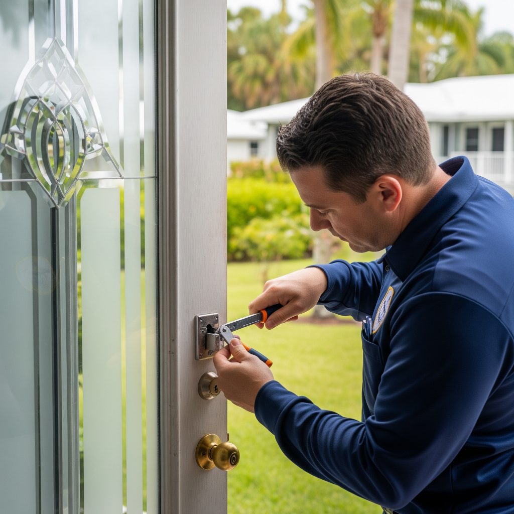 Residential locksmith replacing broken lock in East Tampa