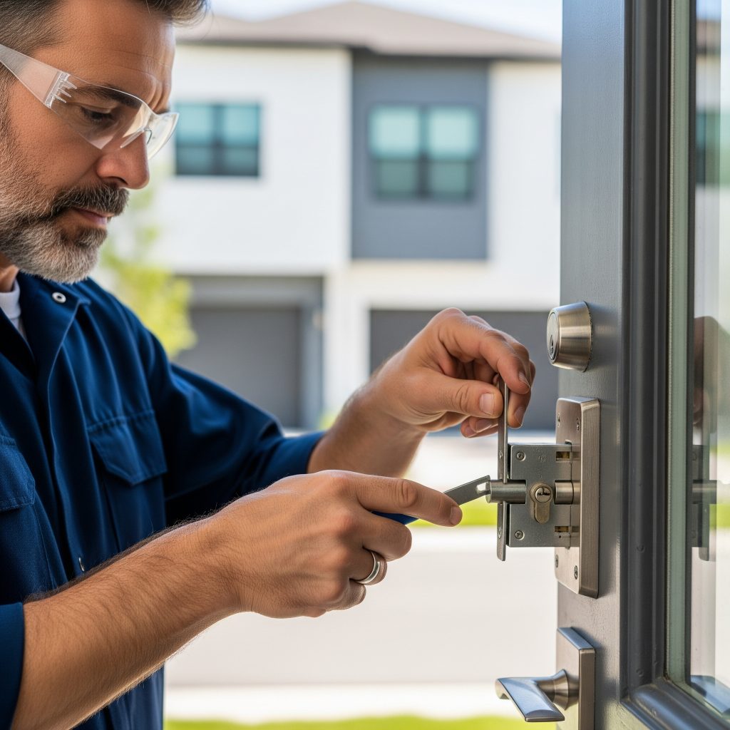Locksmith inspecting damaged lock during emergency security check in Tampa