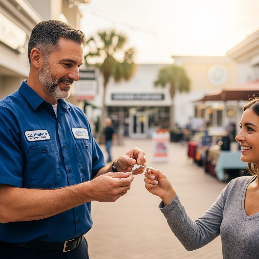 Locksmith handing a customer their new key after extracting the old one on-site