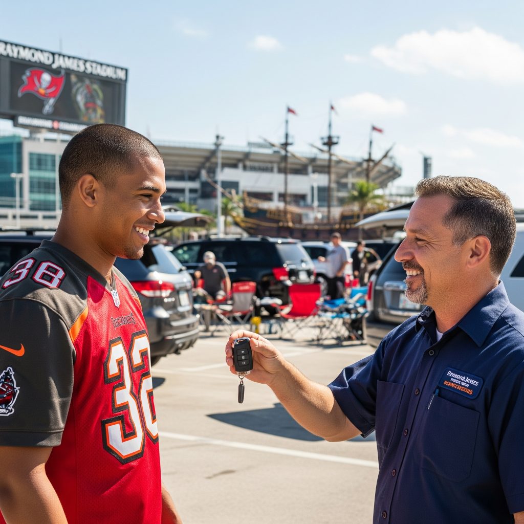 Customer smiling while receiving new programmed car key outside Raymond james stadium