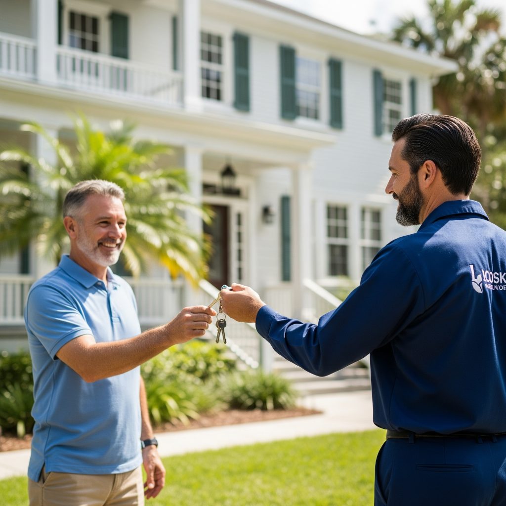 Locksmith handing new house keys to homeowner in Davis Islands ZIP 33606