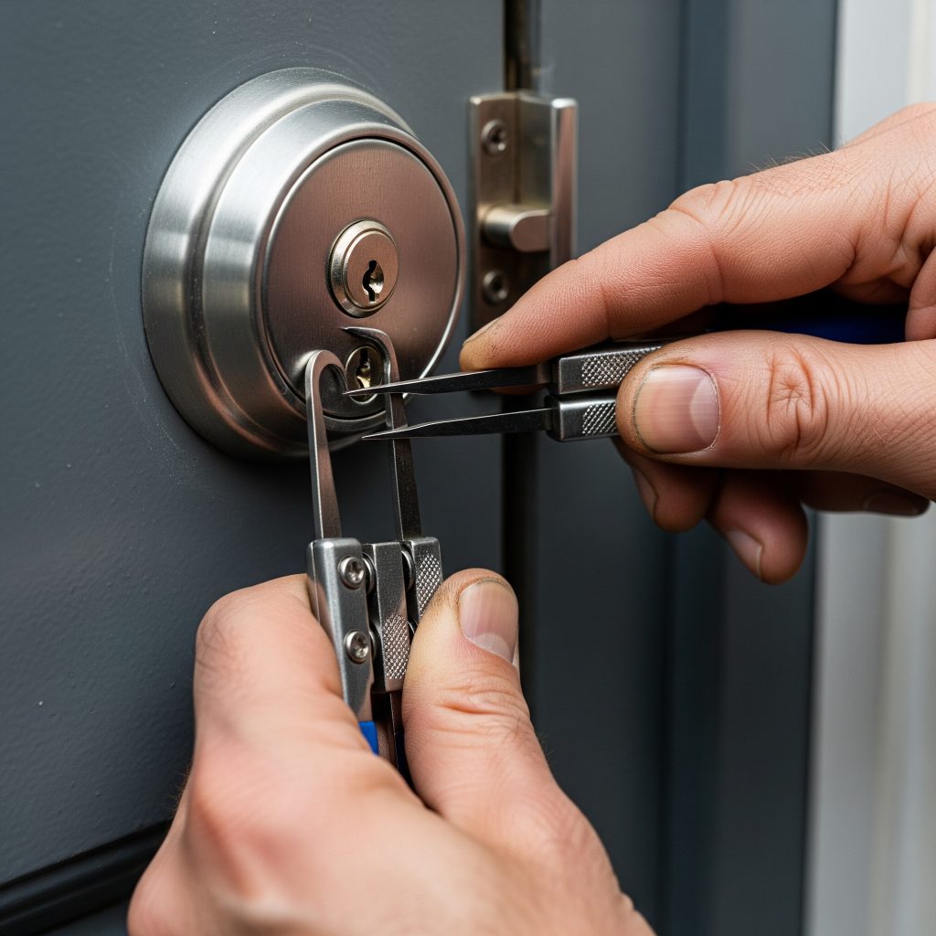 Locksmith using tools to unlock house door without damage in Tampa