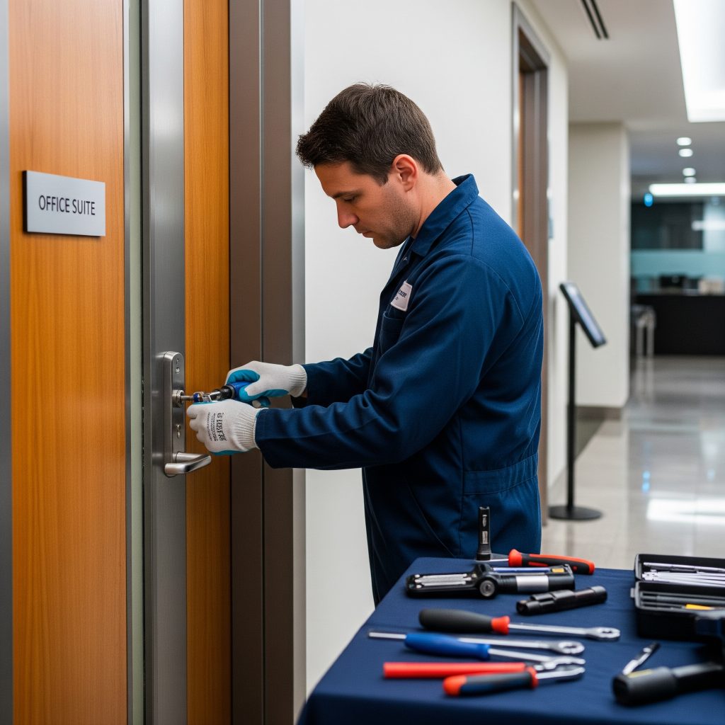Locksmith rekeying an office door