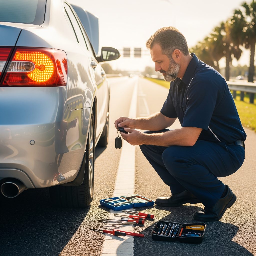 Locksmith performing roadside car key replacement during emergency on-site service in Tampa