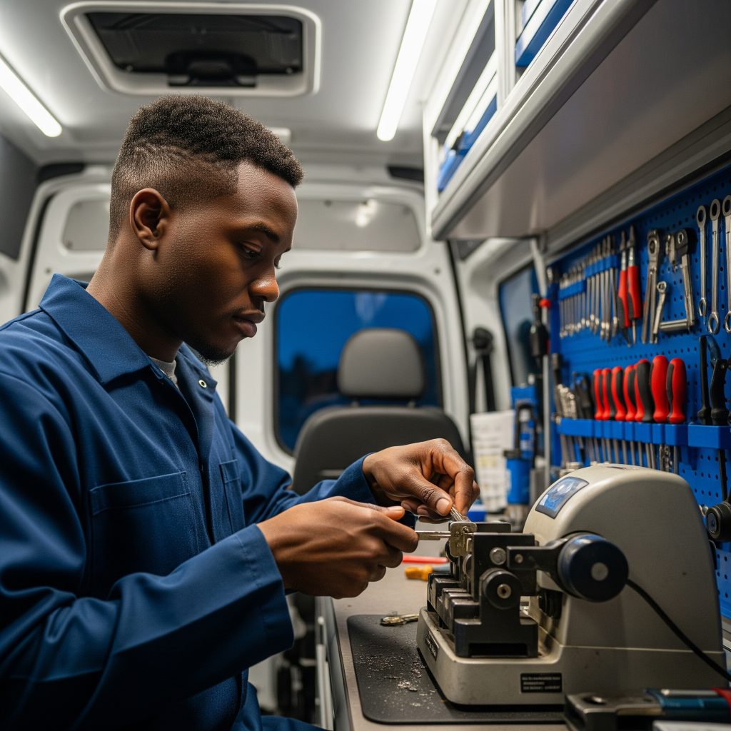 Technician performing on-site key replacement inside mobile locksmith van in Tampa