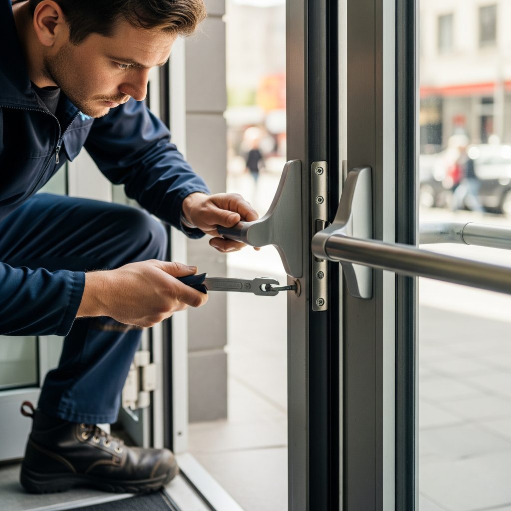 Locksmith installing panic bars for a business in Tampa