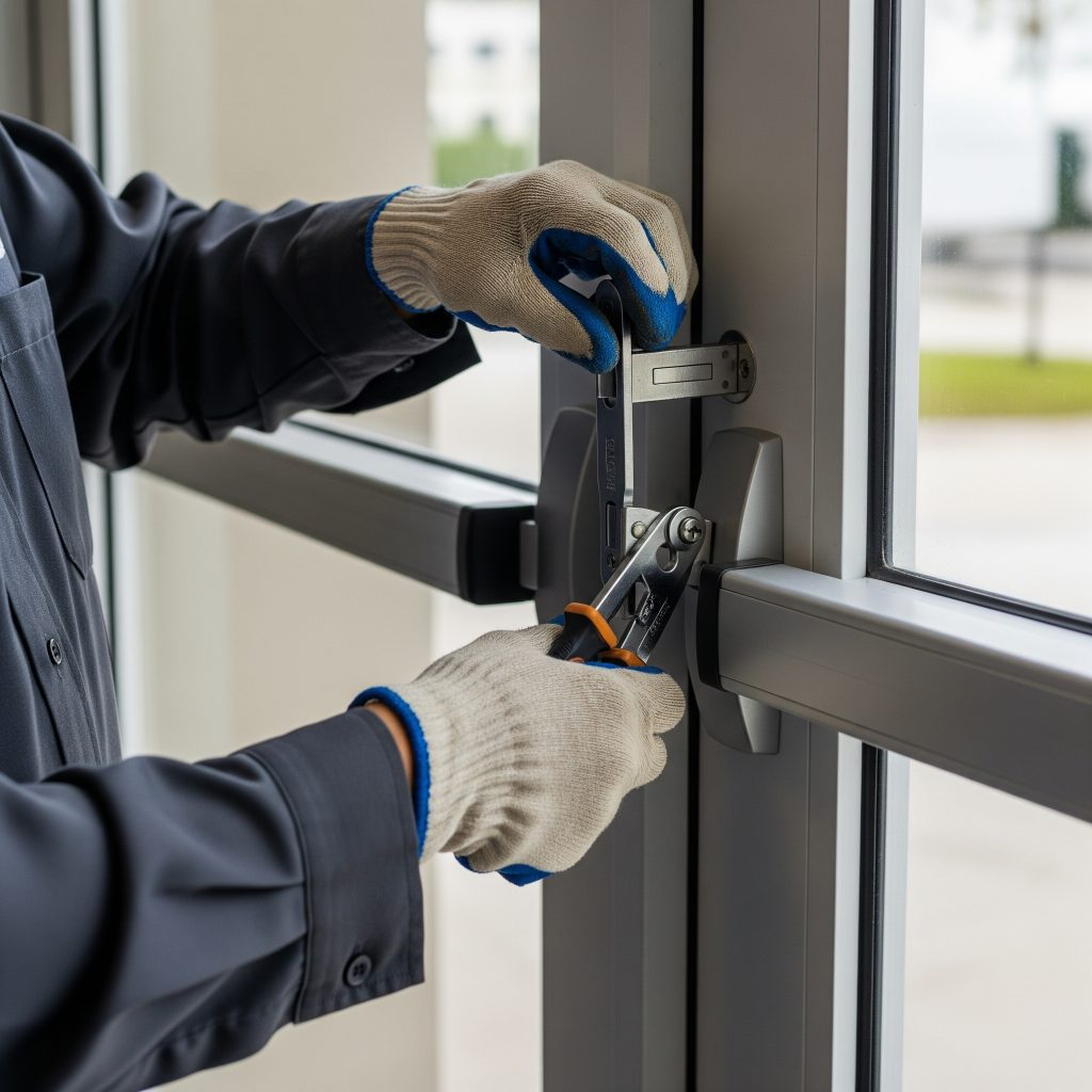 Commercial locksmith installing push bar device on Davis Islands office door