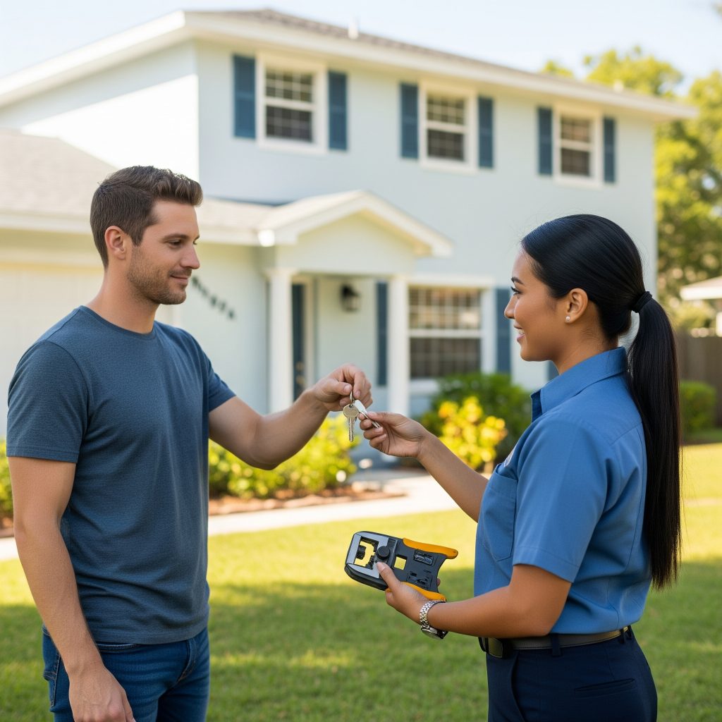 Tampa homeowner handing keys to locksmith for rekeying service in ZIP code 33607